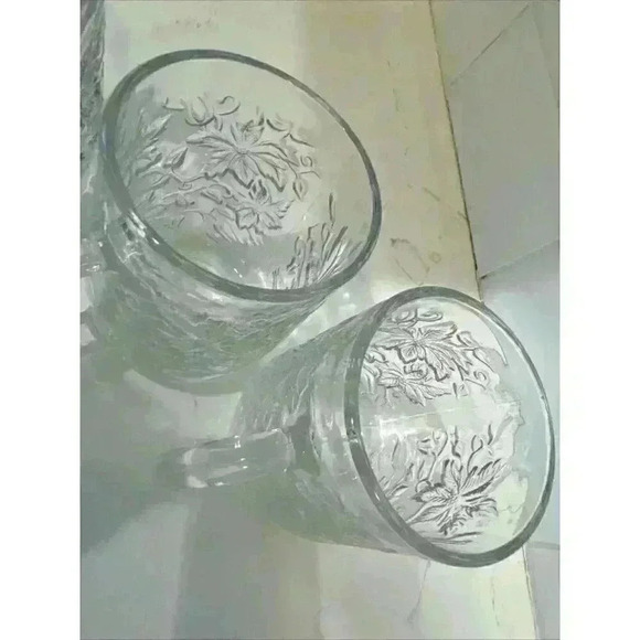 Princess House Fantasia Mugs Cups Poinsettia Crystal Clear Glass Coffee Set of 4 - Picture 10 of 13